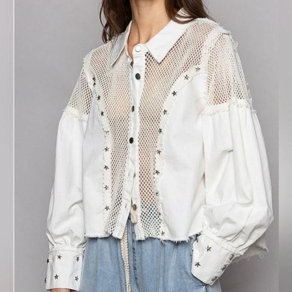 POL White Mesh Star-Embellished Women's Top. NWOT - Picture 1 of 7